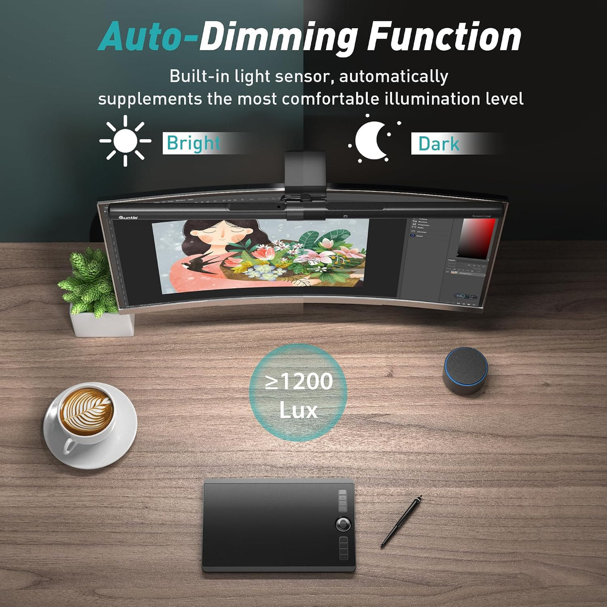 Quntis Monitor Light Bar with Remote Control, Fit for Curved/Flat Monitor, Eye-Care USB Computer Lamp Dimmable Screen Light Bar with Auto-Dimming, No Glare Home Office Gaming Desk Lamp