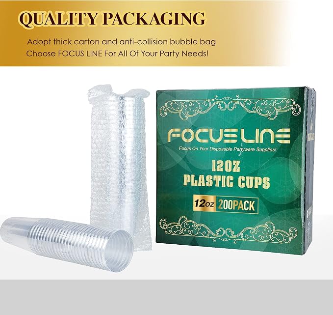 FOCUSLINE 200 Pack 12 oz Clear Plastic Cups, Disposable Cups Reusable Plastic