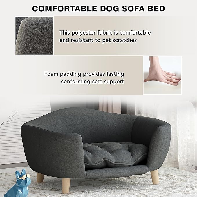 Dog Sofa Couch Bed for Small Dogs, Durable Fabric Rectangle Pet Sofa with Soft Cushion, Modern Elegant Elevated Mini Dog Couch Bed with Backrest and Armrests, Dark Gray