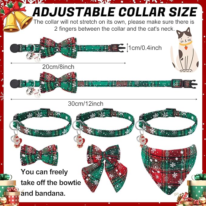 6 Pack Christmas Cat Collar with Bow Tie Bandana and Bell, Breakaway Adjustable Cat Bow Tie Collars, Xmas Accessories for Kittens Or Certain Puppies