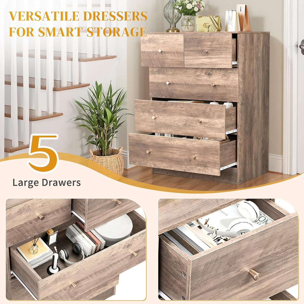 Karl home Grey 5 Drawer Dresser, Wood Chest with Rose Gold Handle
