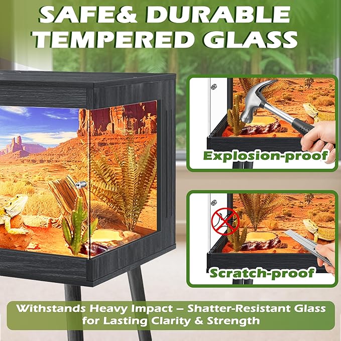 Royxen Tempered Glass Bearded Dragon Tank,81 Gallon Reptile Tank with Leg Stand,Built-in Lighting Reptile Enclosure Scartch-Proof Bearded Dragon Encloure for Chameleon,Lizard(Black,48"x 20"x 20")