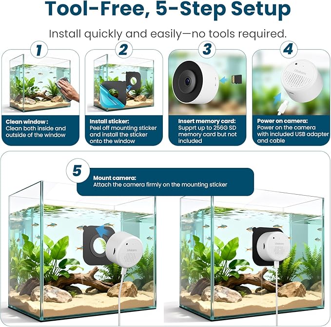 litokam Reptile & Aquarium Camera, 2K Anti-Glare Fish Tank & Terrarium Camera with Close-Focus Lens, 147° Ultra-Wide Angle, F1.0 Aperture, 3X Zoom, 24/7 Recording, 2.4G/5GHz WiFi