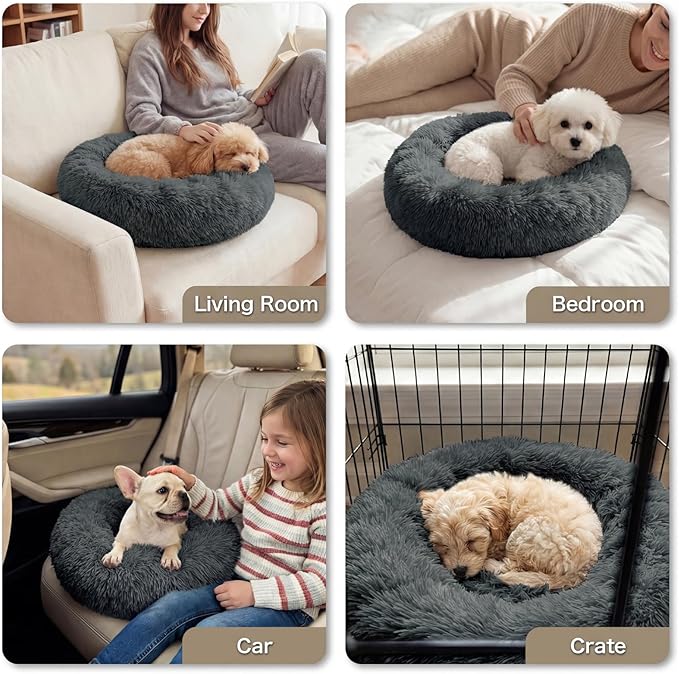 Calming Dog Bed, 24" x 24" x 6" Fits Cat & Dog, Anti-Slip Round Washable Faux Fur for Doze Off, Napping Orthopedic, Dark Grey