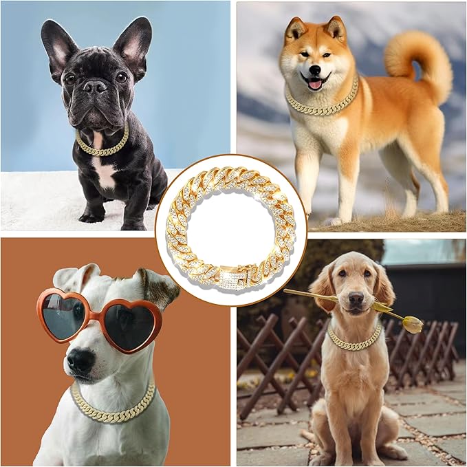 Dog Chain Designer Gold Crystal Pet Collar Cuban Link Chain with Secure Buckle Luxury Adjustable Necklacefor Small Medium Large Dogs Cats(Glod 18inch)