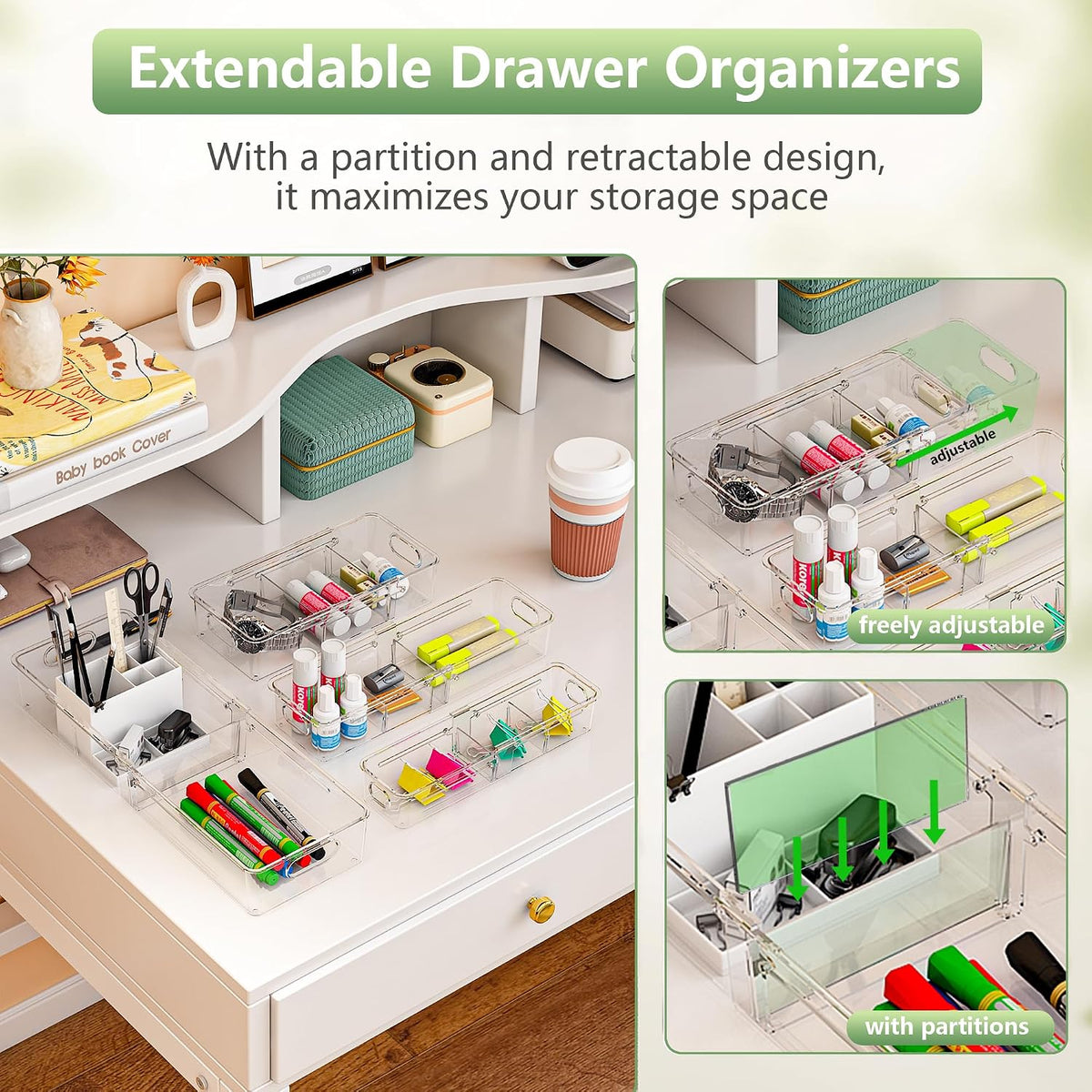 BLULEE 4-in-1 Expandable Drawer Organizer Set, Adjustable Clear Bins (8 Pack)
