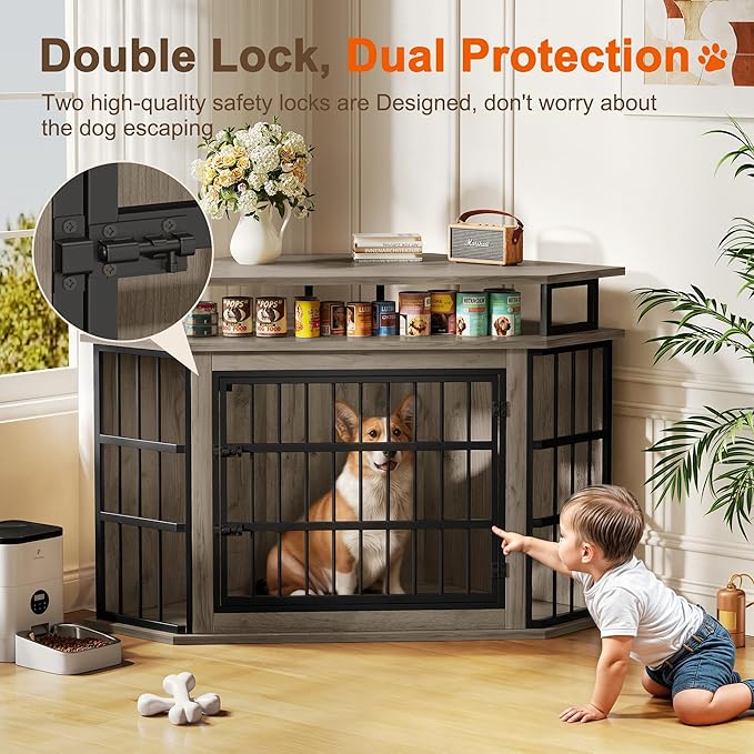 Corner Dog Crate Furniture with 2-Tier Shelves，51" Large Dog Kennel Indoor Wooden TV Stand, Modern Dog Cage Decorative Pet House