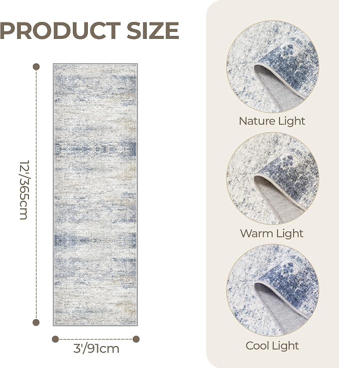 3x12 Runner Rug for Hallway, Non-Slip Long Bathroom Rugs Runner for Kitchen