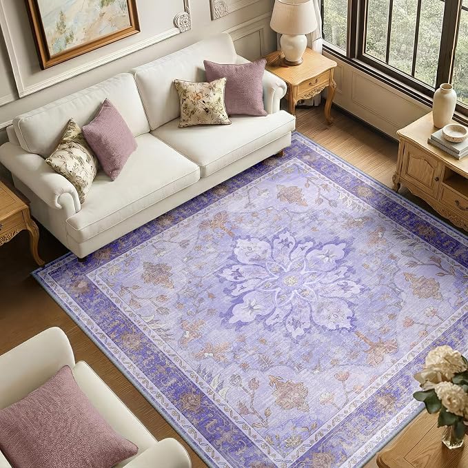 RELEANY Area Rugs Square 6ft Washable Non-Slip, Floral Vintage Distress