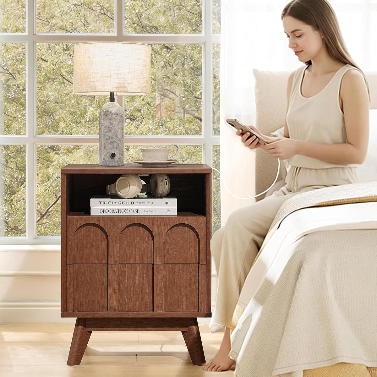 Oak&Sparrow Mid Century Modern Dresser for Bedroom, Walnut 2 Drawer Dresser with Arched Front, Open Shelf, Charging Station, 18.3'' Wide Storage Organizer