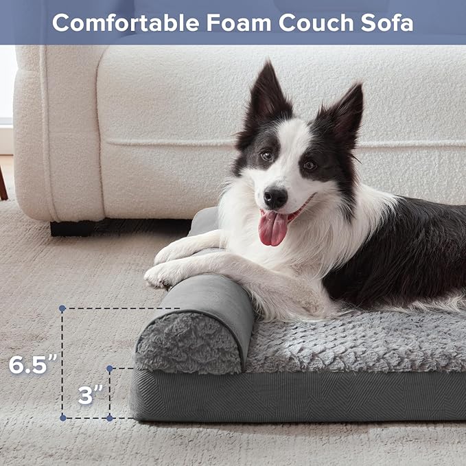 JOEJOY Orthopedic Dog Bed - Large Dog Couch, U Shape Memory Foam with Removable Washable Cover, Waterproof Lining, Comfy Bolster, 35" x 25" x 6.5", Dark Grey