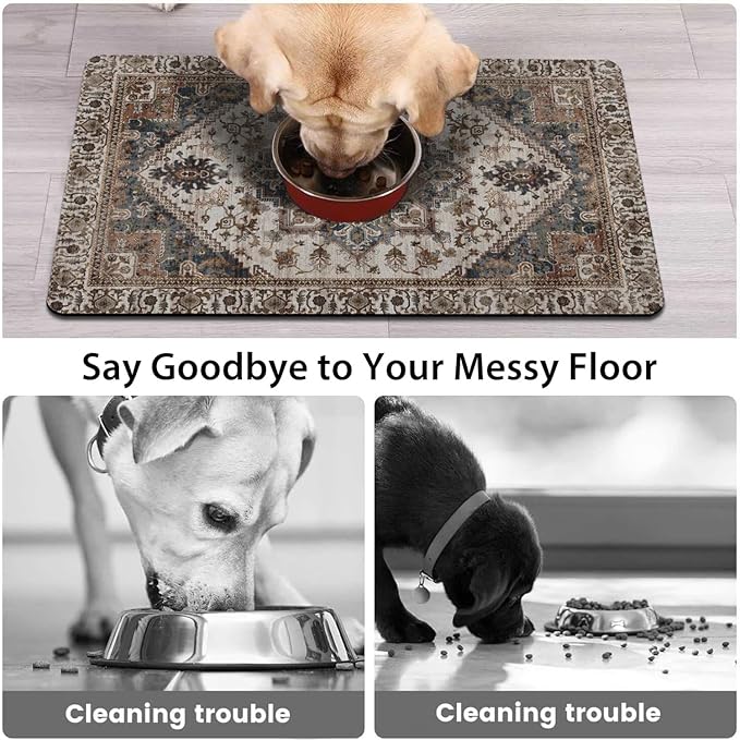 2 Pack Dog Food Mats for Floors, Absorbent and Quick-Drying Pet Cat Food Mat,Anti-Fouling and Easy-to-Clean Pet Feeding Mat,Dog Bowl Mat for Messy Drinking Water Bowls.12 x20+18"x24", Bohemia Style