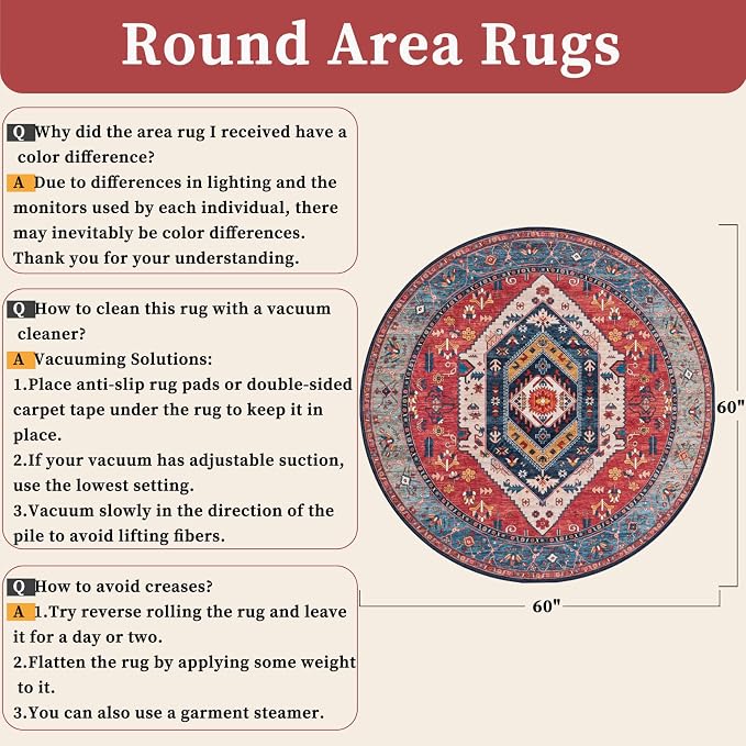 SERISSA Boho Round Area Rug, 5ft Washable Non-Slip Circle Rug, Ultra Soft