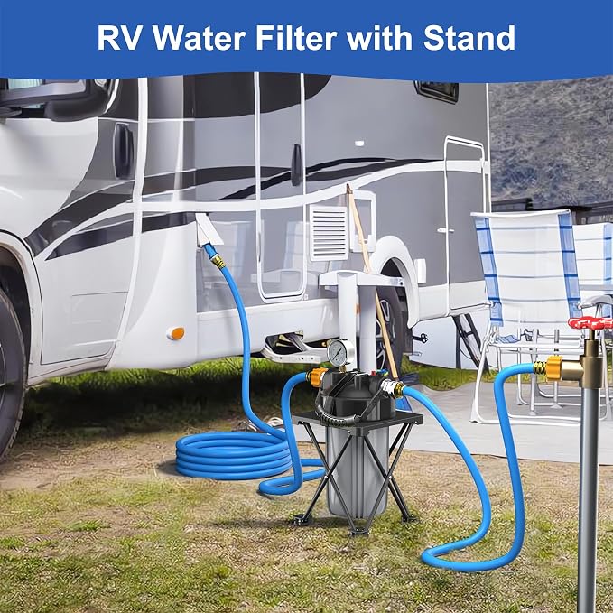 6-Layer RV Water Filter with Stand and 0.5 Micron Filtration, 3/4" GHT Metal