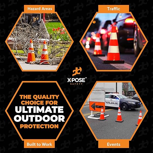 Xpose Safety 28 Inch Orange Traffic Cones Heavy Duty 10lb with 6" & 4" Collars, 12 Pack - Multipurpose PVC Plastic Safety Cone for Parking, Soccer, Caution, Kids and Construction - DOT Approved