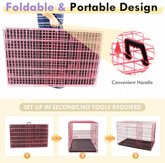 PayLessHere Small Dog Crate Kennel 24 inches Metal Dog Cage Double-Door Folding Travel Indoor Outdoor Puppy Playpen with Divider and Handle Plastic Tray,Pink