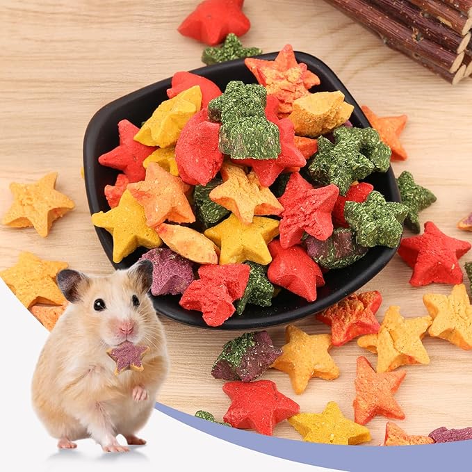 Abizoo Rabbit & Guinea Pig Treats, Crunchy Mini Star Chew Toys with Timothy Hay Carrots Pumpkin for Digestion and Enrichment, High-Fiber Healthy Snacks for Rabbits Chinchillas Guinea Pig Hamster