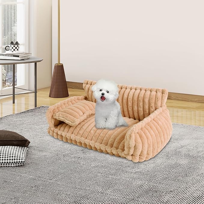Cozy Pet Couch Bed for Dogs & Cats, Removable Washable Fluffy Couch with Pillow, Non-Slip Soft Cat Dog Bed Large, Modern Pet Furniture Sofa for Small Medium Pets(Caramel)