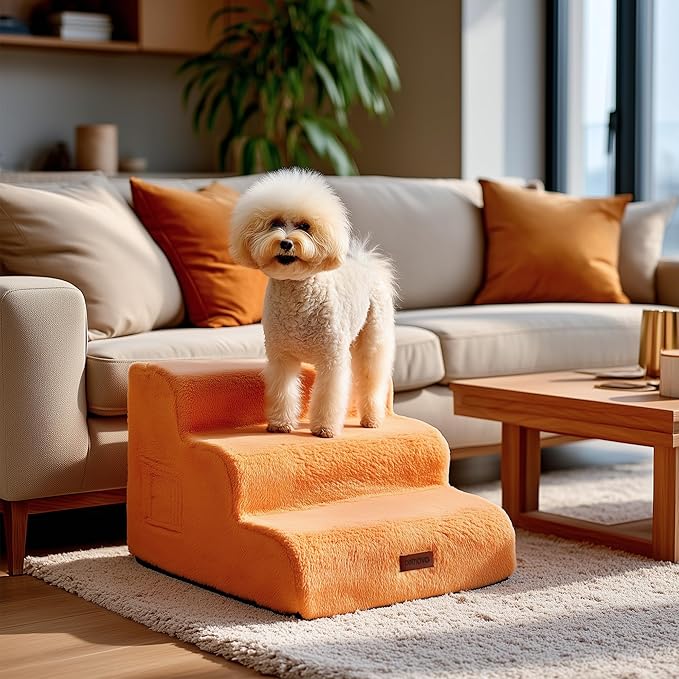 PETNOVO Ultra-Soft Rabbit Fur-Like Dog Stairs for Couch/Bed, Luxury Comfort 3-Step for Small & Senior Dogs, Non-Slip, Removable Washable Cover, Oeko-TEX Certified, 22.4" D x 15.7" W x 15.7" H, Orange