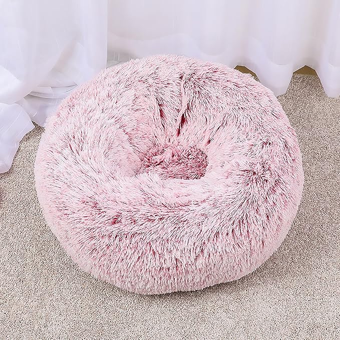 Calming Dog Bed for Small Dogs, Calming Donut Cuddler Pet Bed Anti Anxiety Round Dog Bed Fluffy Plush Faux Fur Cat Bed,Pink,19.7IN