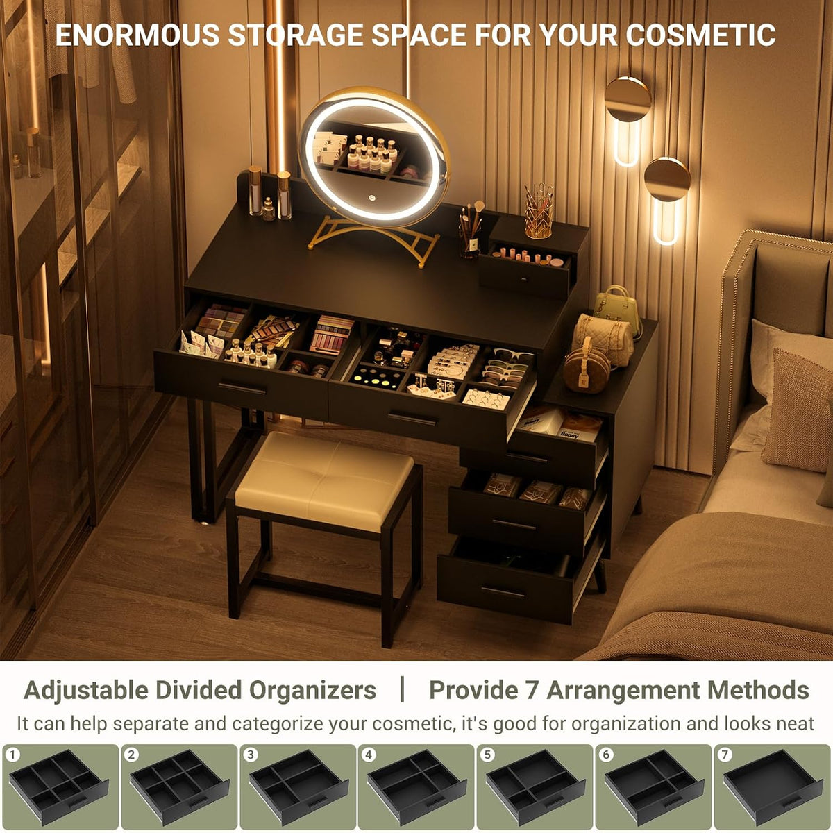 Armocity Black Vanity Desk with Mirror and Lights, Modern Makeup Vanity Table Set with 6 Storage Drawers and Cushioned Stool for Bedroom, Dressing Table with Divided Organizers for Women Girls, Black