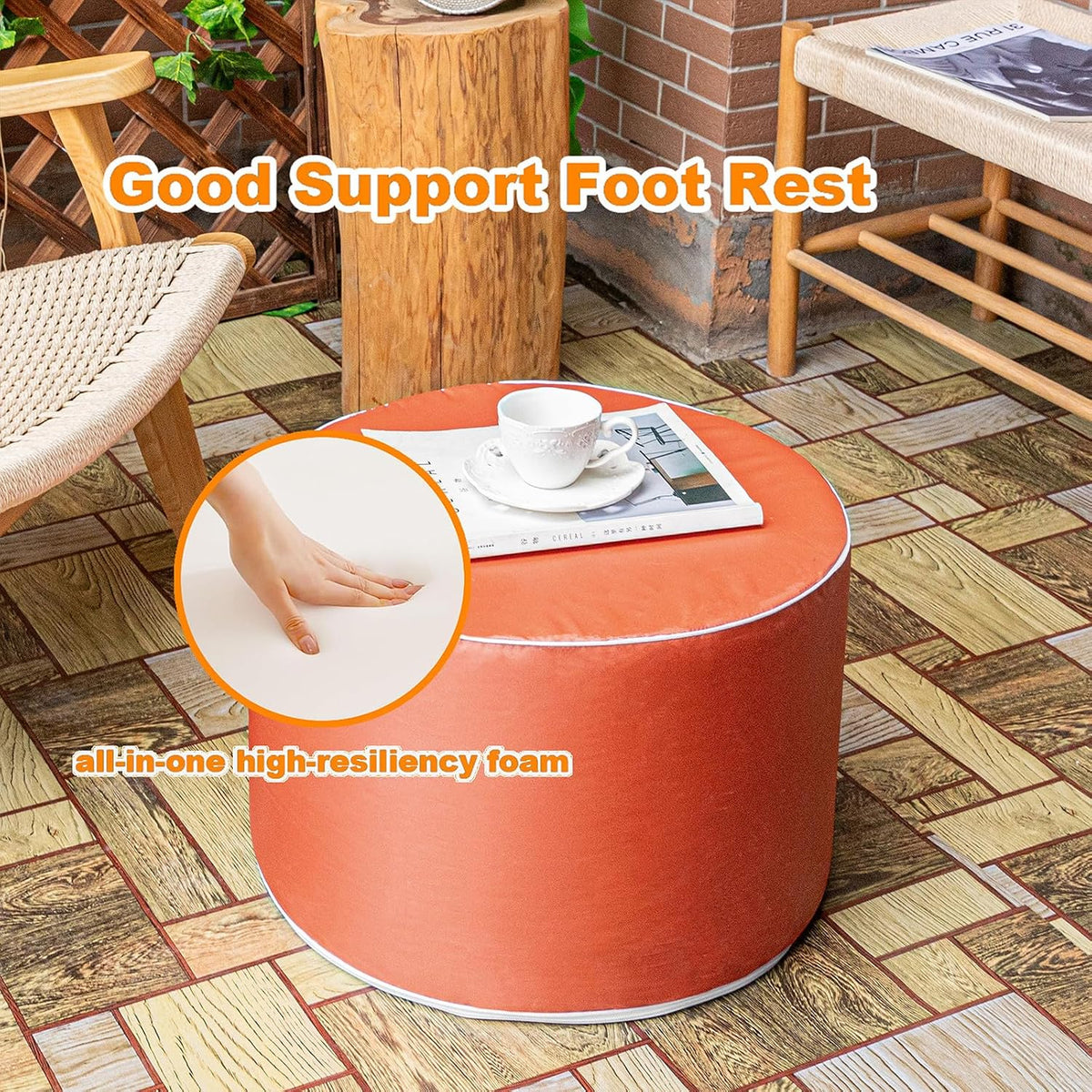 Multipurpose Outdoor Ottoman for Patio 20x14 Inches, Backyard, Additional Seating, Footrest, Side Table,Outdoor Patio Bean Bag Ottoman (Burnt Orange, Round)