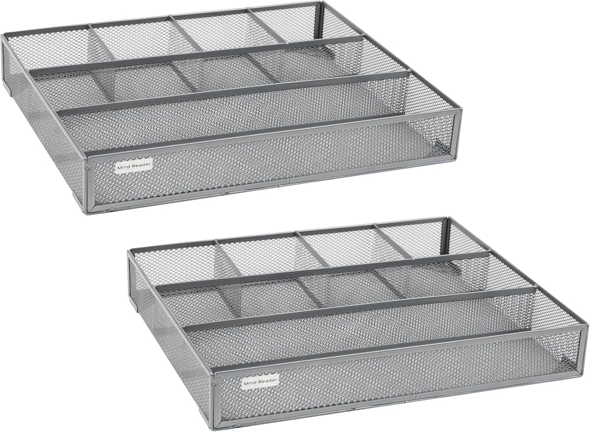 Mind Reader 6-Compartment Drawer Organizer, Metal Mesh Desk Organizer for Office, Kitchen, Utensils, Supplies, Set of 2, Silver