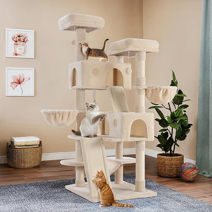 WEEWAY Cat Tree Tower for Indoor Cats,65'' Multi-Level Cat Furniture Activity Center,Stand House Condo Cave,Sisal Scratching Posts Ramps,Plush Perches Platforms Basket Hammock,Beige