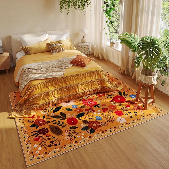 Rugcomf Living Room Rug 5x7 Rug Machine Washable Boho Area Rug Non Slip Floral