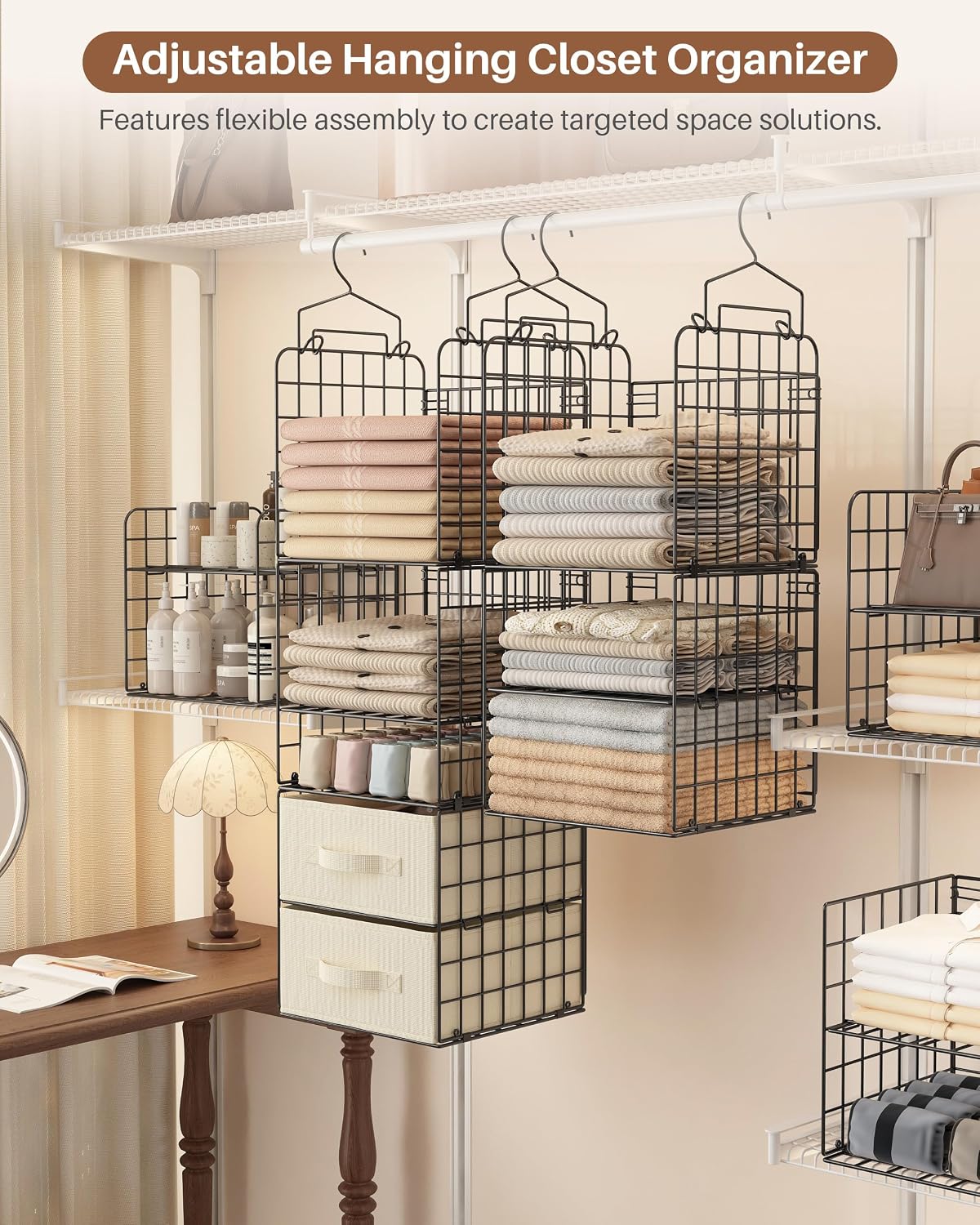 4 Tier Metal Hanging Closet Organizer with 2 Fabric Drawers