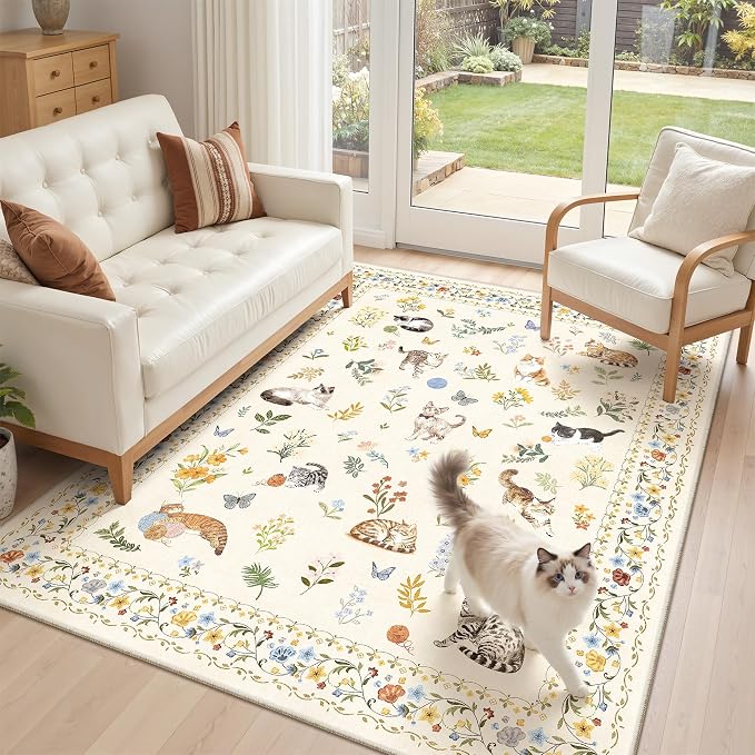 Soalmost Cat 4x6 Area Rugs, Machine Washable Animal Floral Accent Rug Non-Slip