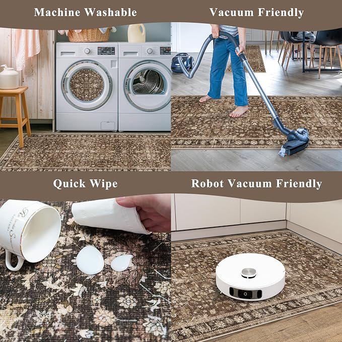 Washable Non-Skid 3 Piece Kitchen Rugs Set – Modern Boho Floral Low-Pile Area