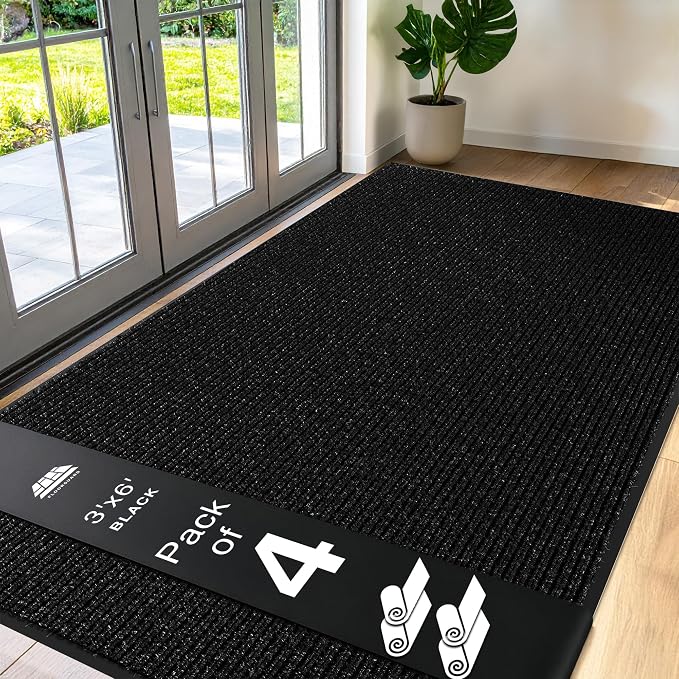 4 Pack Black Commercial Door Mat 3'x6' Heavy Duty Industrial Floor Mat