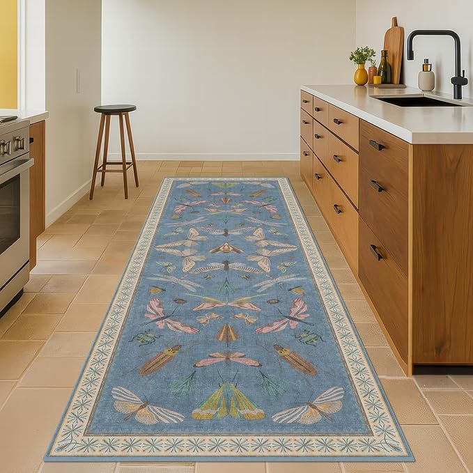 Blue Vintage Insect Runner Rug for Hallway 3x12, Washable Non Slip Kitchen Sink