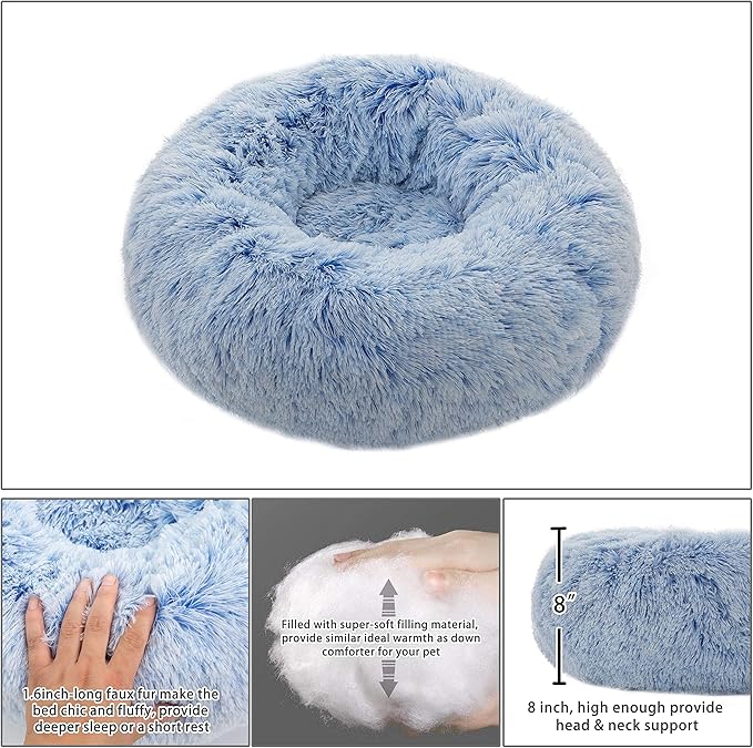 Dog Bed Large, Soft Round Cuddler Dog Beds Fluffy Plush Faux Fur Pet Beds, Anit-Anxiety Self-Warming Comfy (28", Deep Blue)