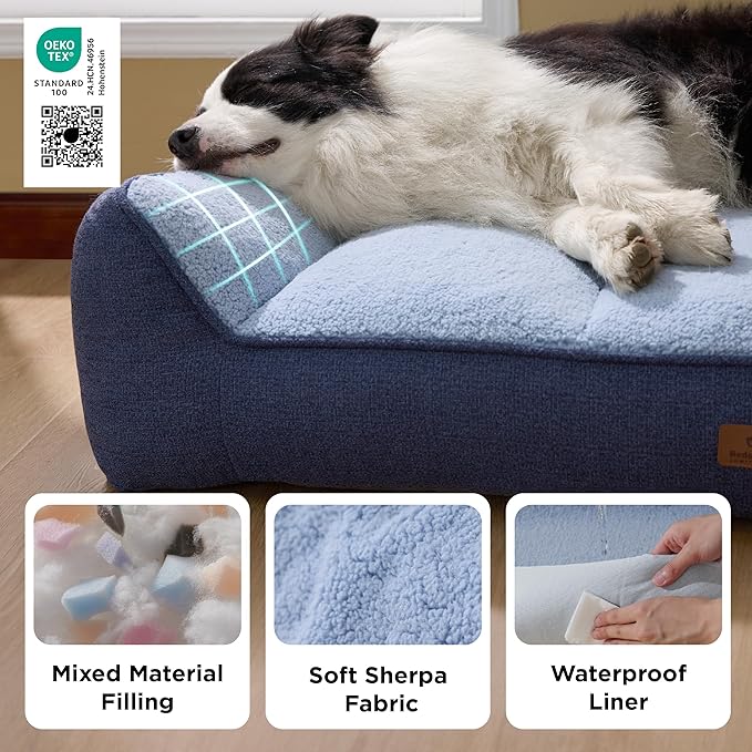 Bedsure SupportMax™ Orthopedic Dog Beds Large Sized Dog - Extra Thick Supportive Large Dogs Bed with Waterproof Washable Cover, L Plus Comfort Pet Sofa with Soft Sherpa and Nonskid Bottom, Blue, 38"