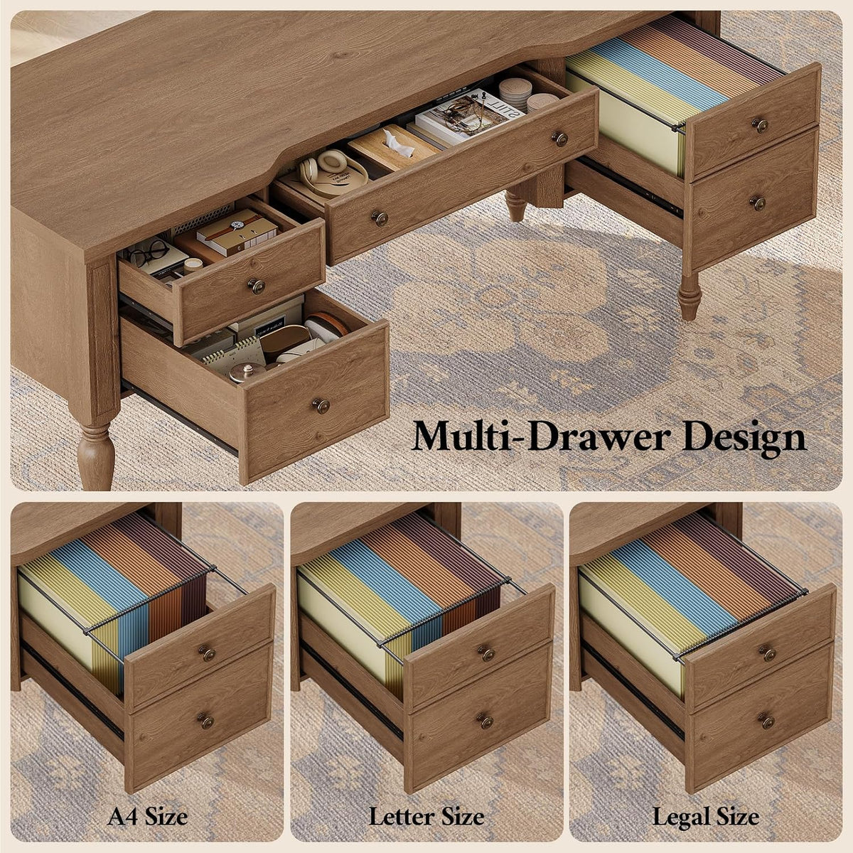 59in Wood Executive Desk with Solid Wood Legs & Keyboard Tray, Brown