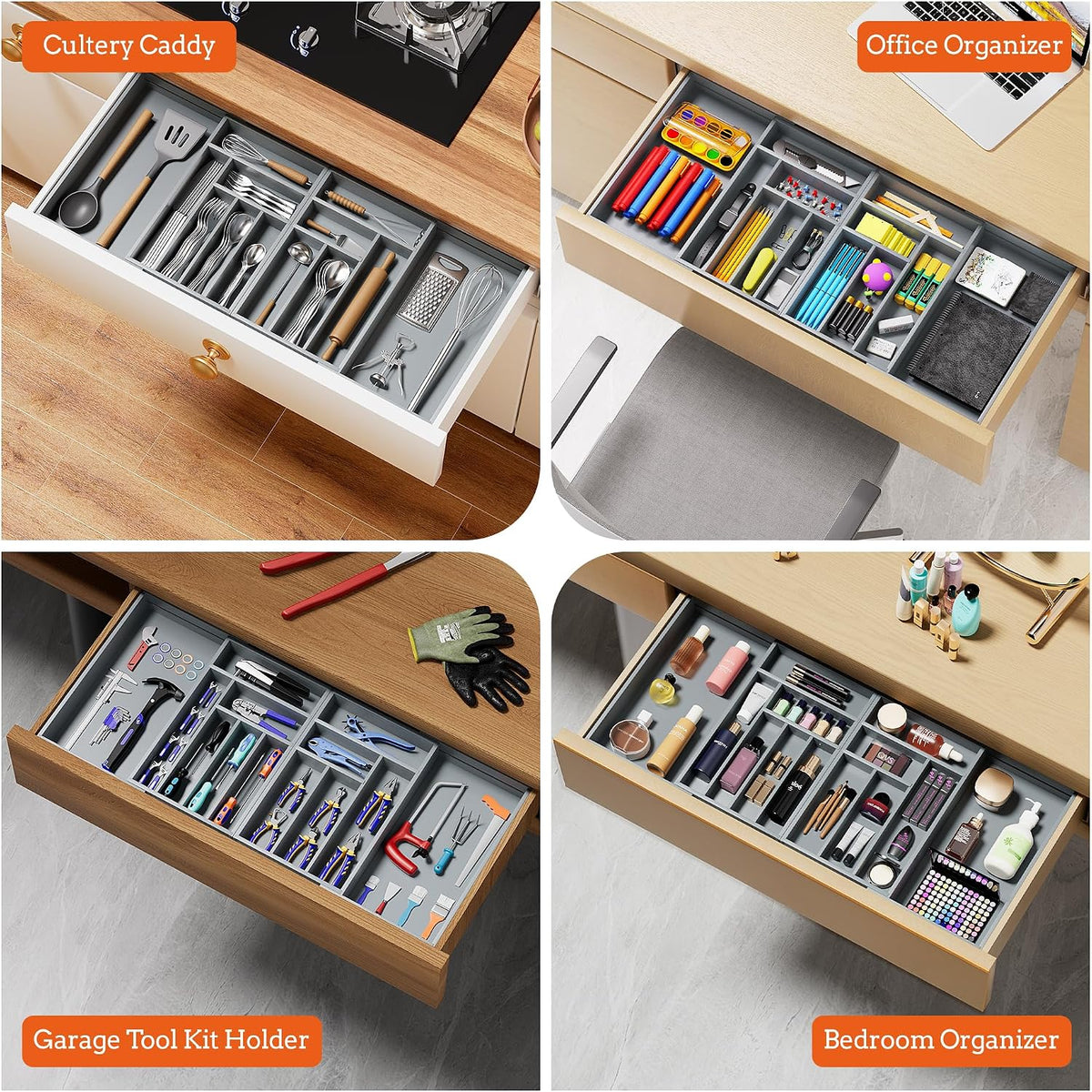 Magnetic Expandable Silverware Drawer Organizer, 13 Slots Utensil Gray