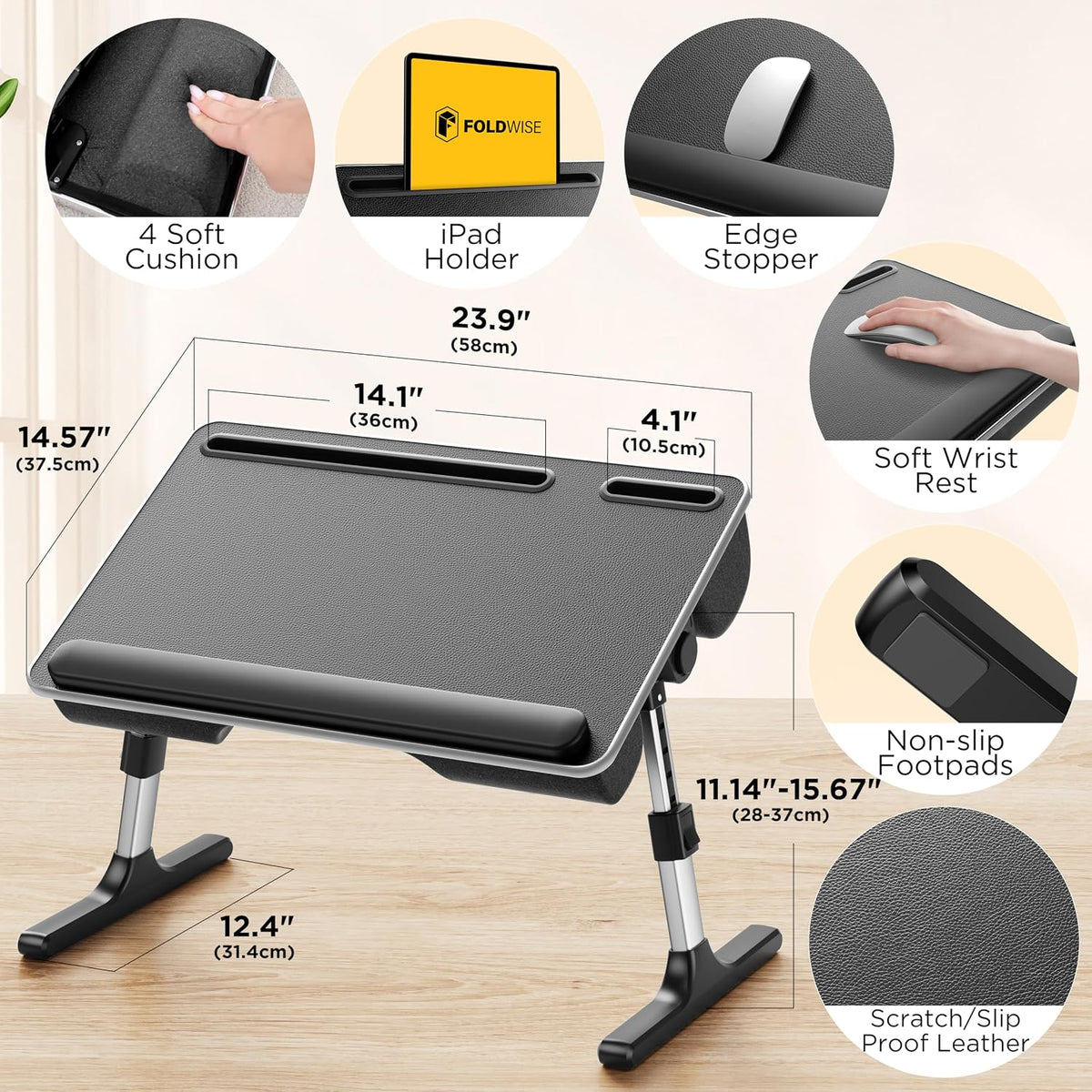 FoldWise 2-in-1 Bed & Lap Desk with Soft Cushion, Adjustable Height & Angle