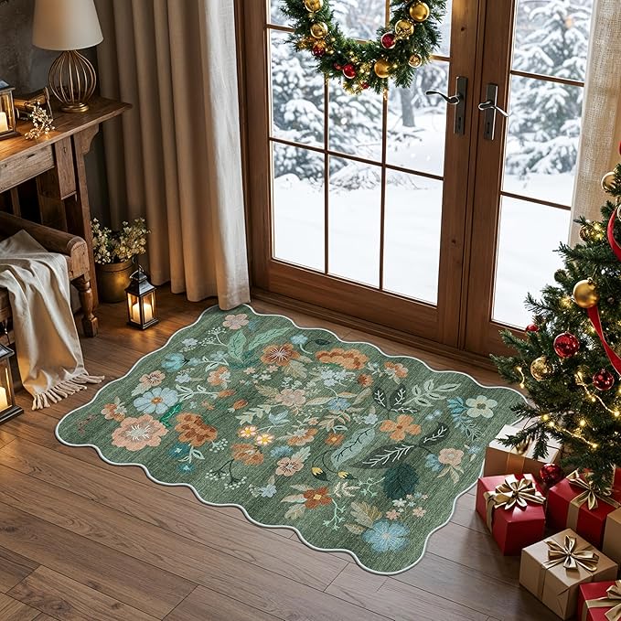 Washable Floral 2x3 Area Rug: Indoor Soft Scalloped Carpet