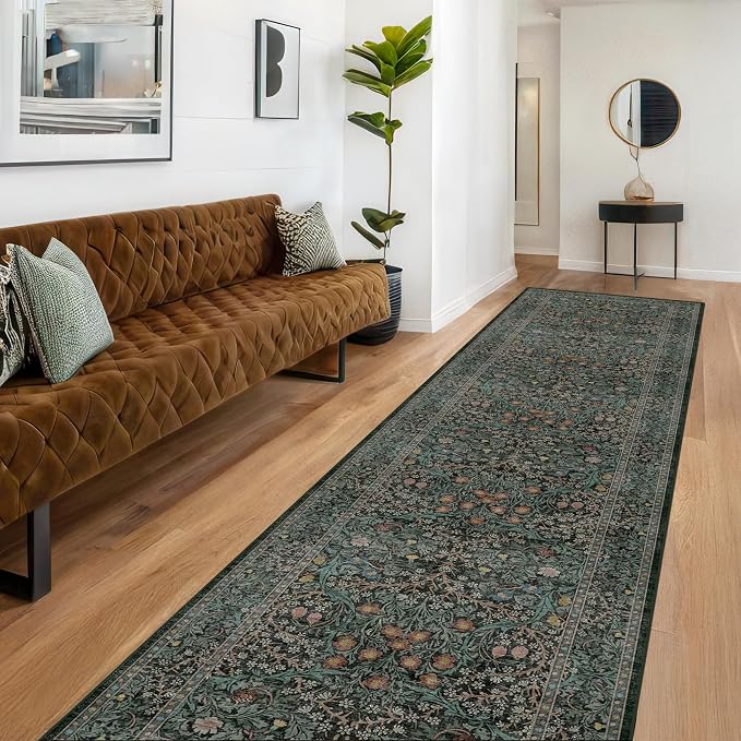 Dark Green Washable 3x12 Extra Long Runner Rug