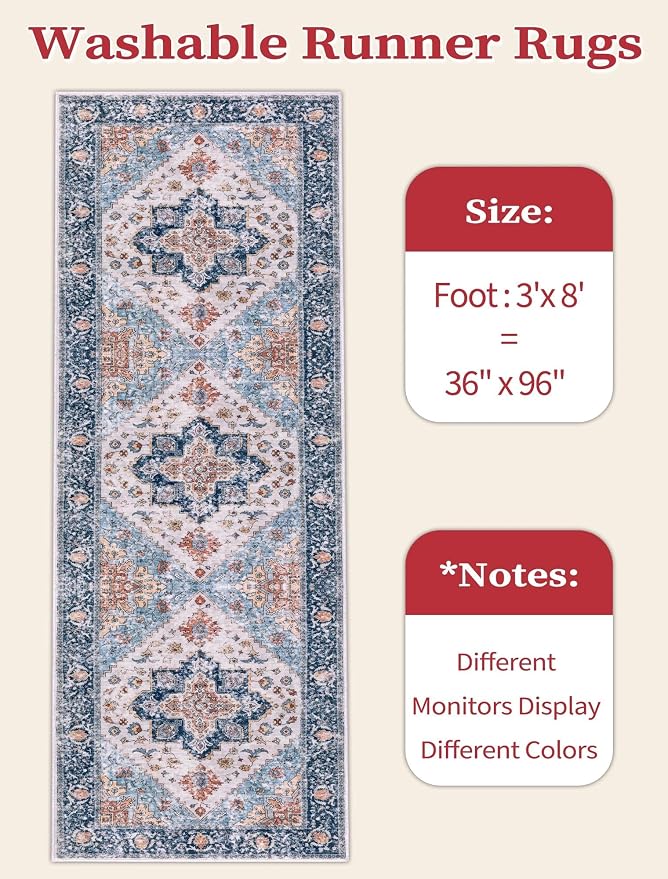 SERISSA Runner Rug for Hallways, 3x8 Washable Non Slip Kitchen Runner Rug