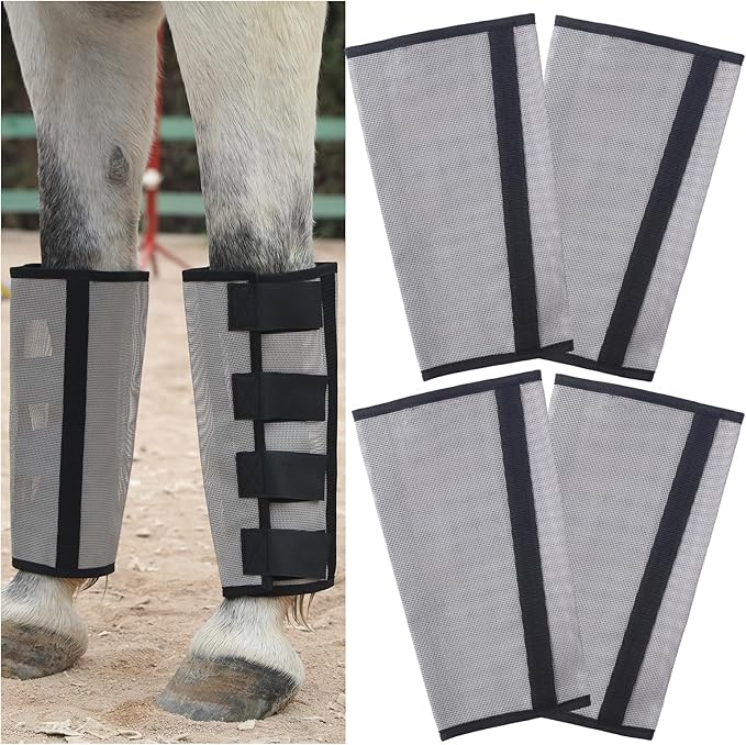 Horse Fly Boots Set of 4 - Non-Slip Leg Guards Extra Tough Mesh Ventilated, Adjustable Horse Fly Leggings Reduce Stomping & Hoof Stress & Leg Fatigue Grey Medium