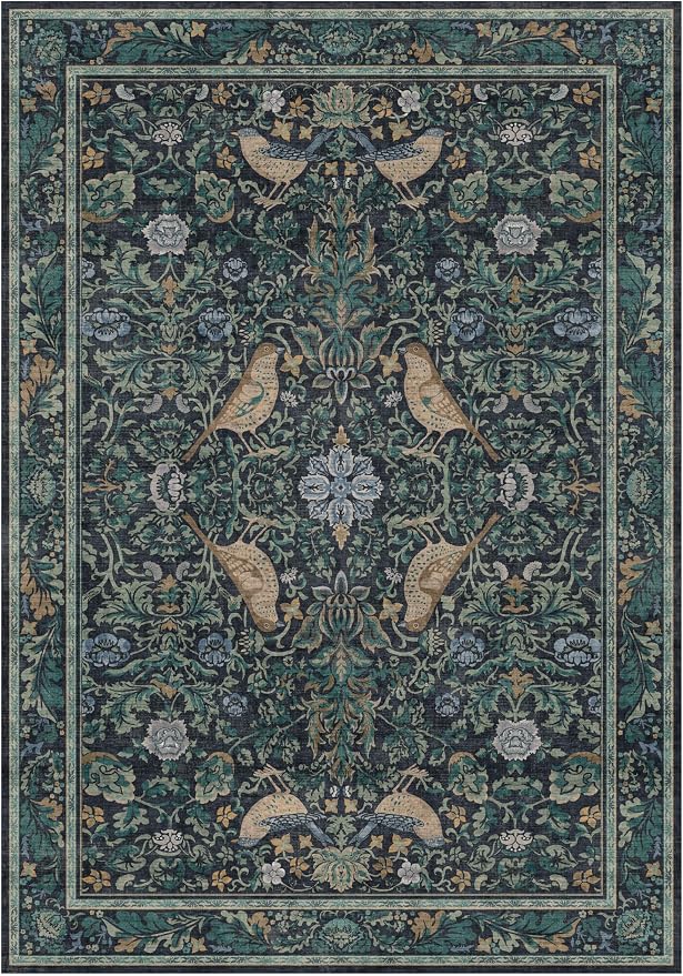 Boho Living Room Rug, 7x10 Floral & Bird Pattern Area Rug