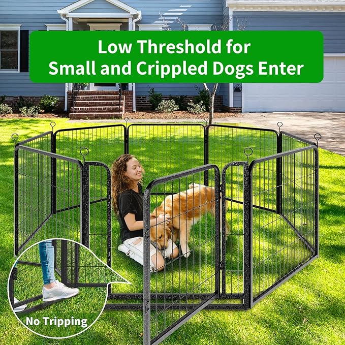 Dog Playpen Outdoor Extra Wide 8 Piece Panels Heavy Duty Dog Fence 32" Height Anti-Rust with Doors Portable for RV Camping Yard, Total 21FT, 35 Sq.ft, Snowy Black
