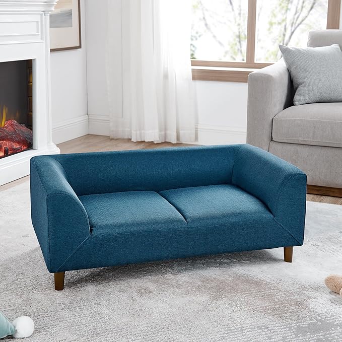 39x25 Inch Large Dog Sofa, Modern Jumbo Pet Couch Made Made by Linen with Armrest and Backrest - Indoor Elevated Dogs Chaise Bed for Doggy up to Medium and Large (Blue)