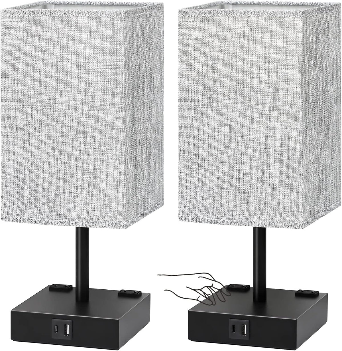 Bedside Table Lamps Set of 2 - Touch Nightstand Lamp for Bedroom with USB C+A Charging Ports & AC Outlets, 3-Way Dimmable Desk Lamp Grey Fabric Shade for Bedroom Living Room, Office(Bulb Included)
