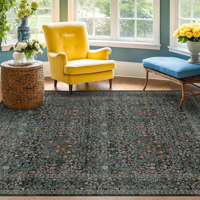 Washable Vintage 5x8 Living Room Rug, Dark Green Floral Area Rug