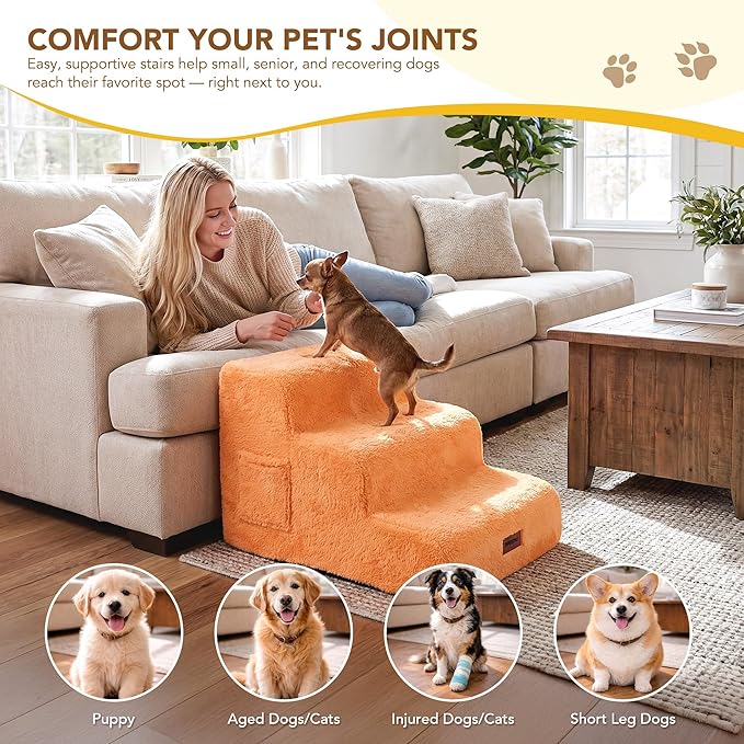 PETNOVO Ultra-Soft Rabbit Fur-Like Dog Stairs for Couch/Bed, Luxury Comfort 3-Step for Small & Senior Dogs, Non-Slip, Removable Washable Cover, Oeko-TEX Certified, 22.4" D x 15.7" W x 15.7" H, Orange