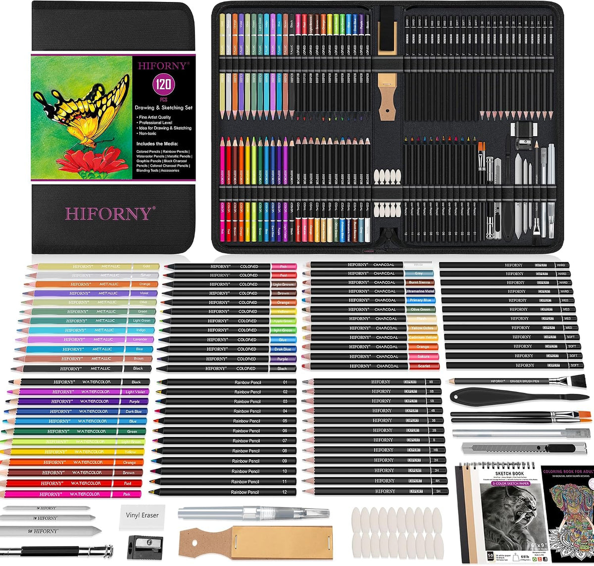 HIFORNY 120 PCS Drawing Set Sketching Kit, Art Supplies with 3-Color Sketchbook,Coloring Book,Rainbow,Colored,Watercolor,Metallic,Graphite,Black & Colored Charcoal Pencils,Blending Tools and More